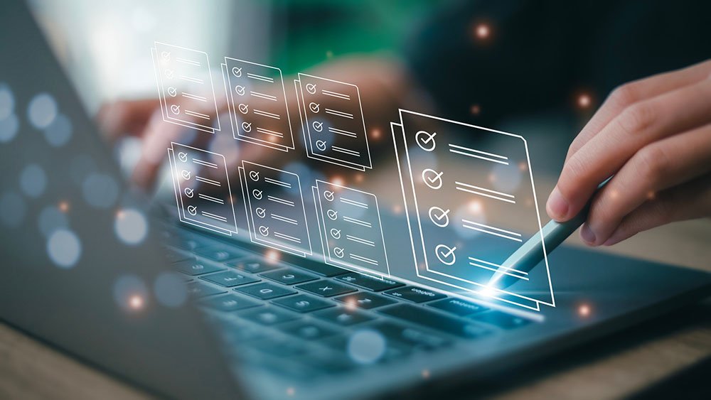 Businesswomen tick mark an assessment, questionnaire, evaluation