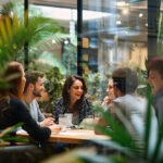 A group of people sitting around a table in a greenhouse Generat
