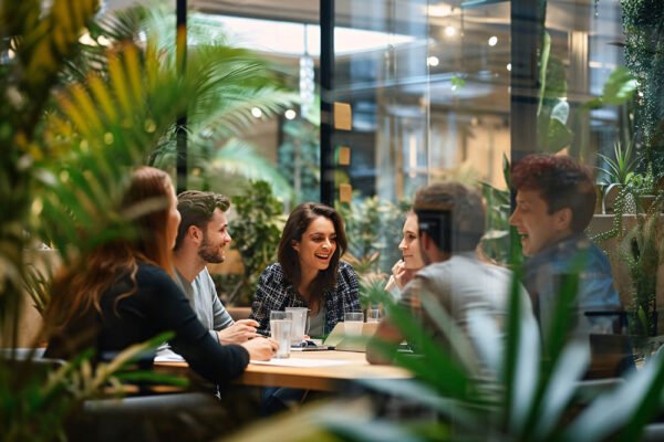 A group of people sitting around a table in a greenhouse Generat