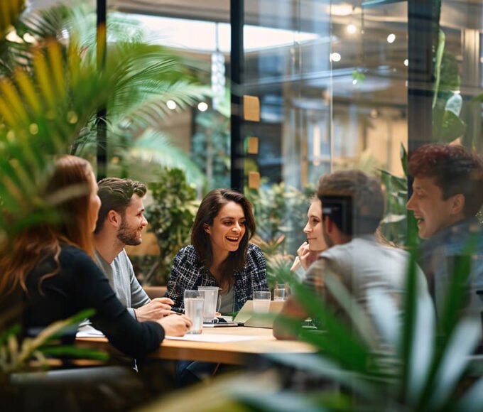 A group of people sitting around a table in a greenhouse Generat