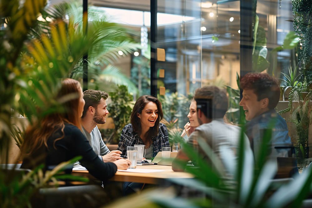 A group of people sitting around a table in a greenhouse Generat
