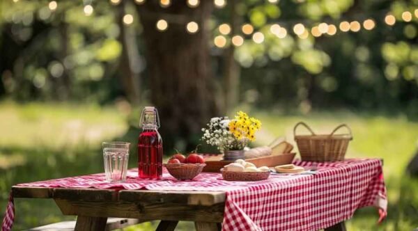 Picnic Elegance with Red Table Cloth Charm