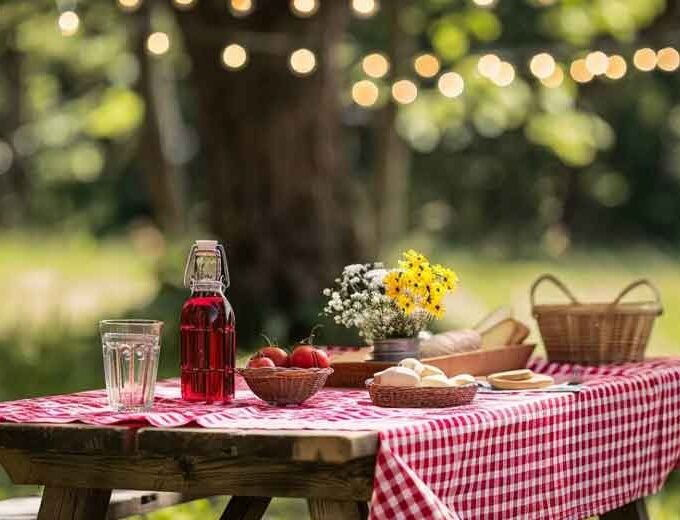 Picnic Elegance with Red Table Cloth Charm